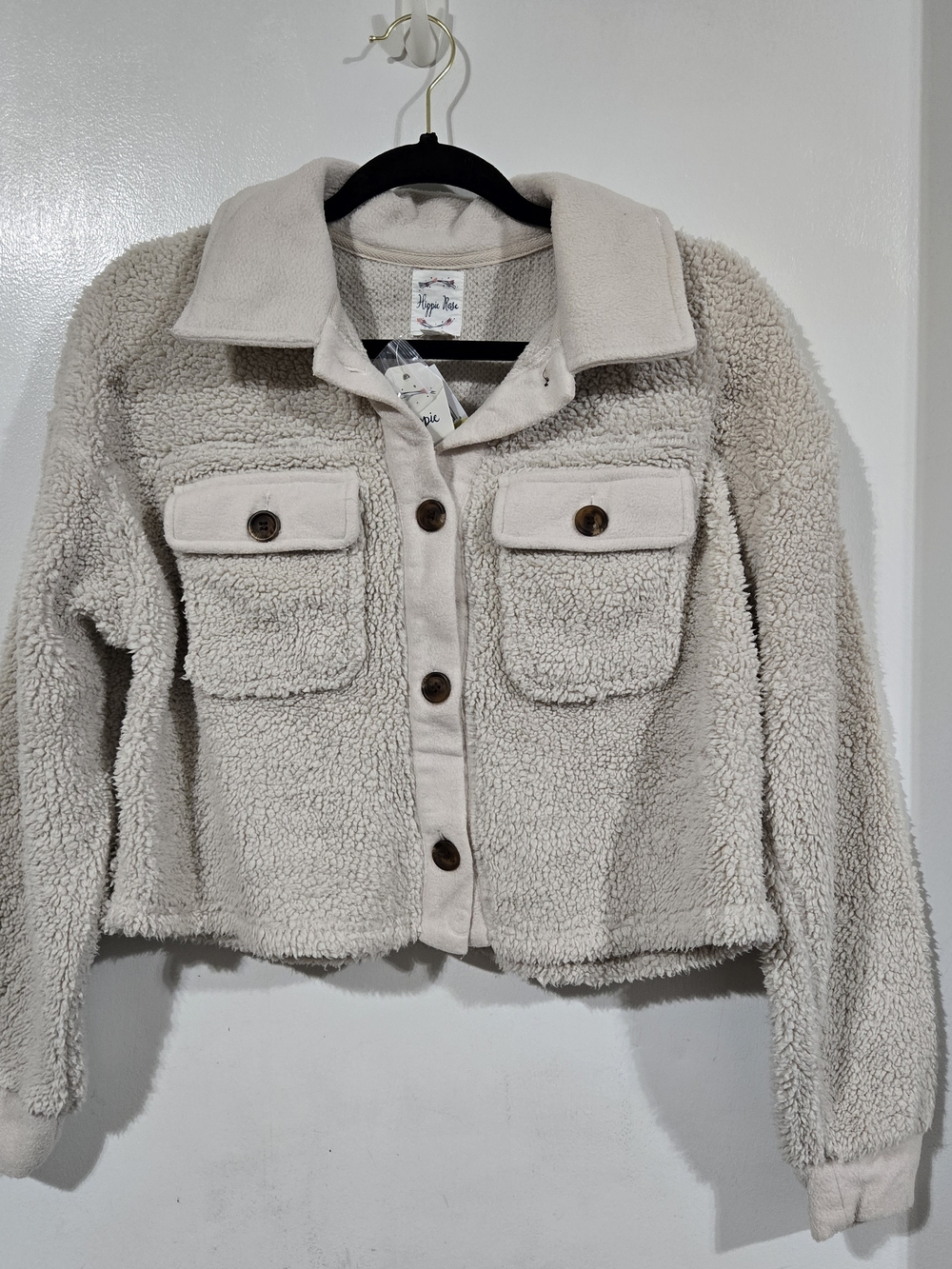 Hippie Rose Cream Teddy Sherpa Cropped Shacket Jacket M New